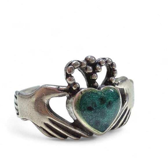 Sterling Silver .925 SV Claddagh Ring with Green Heart Stone – Size 5 Adjustable - Picture 1 of 5